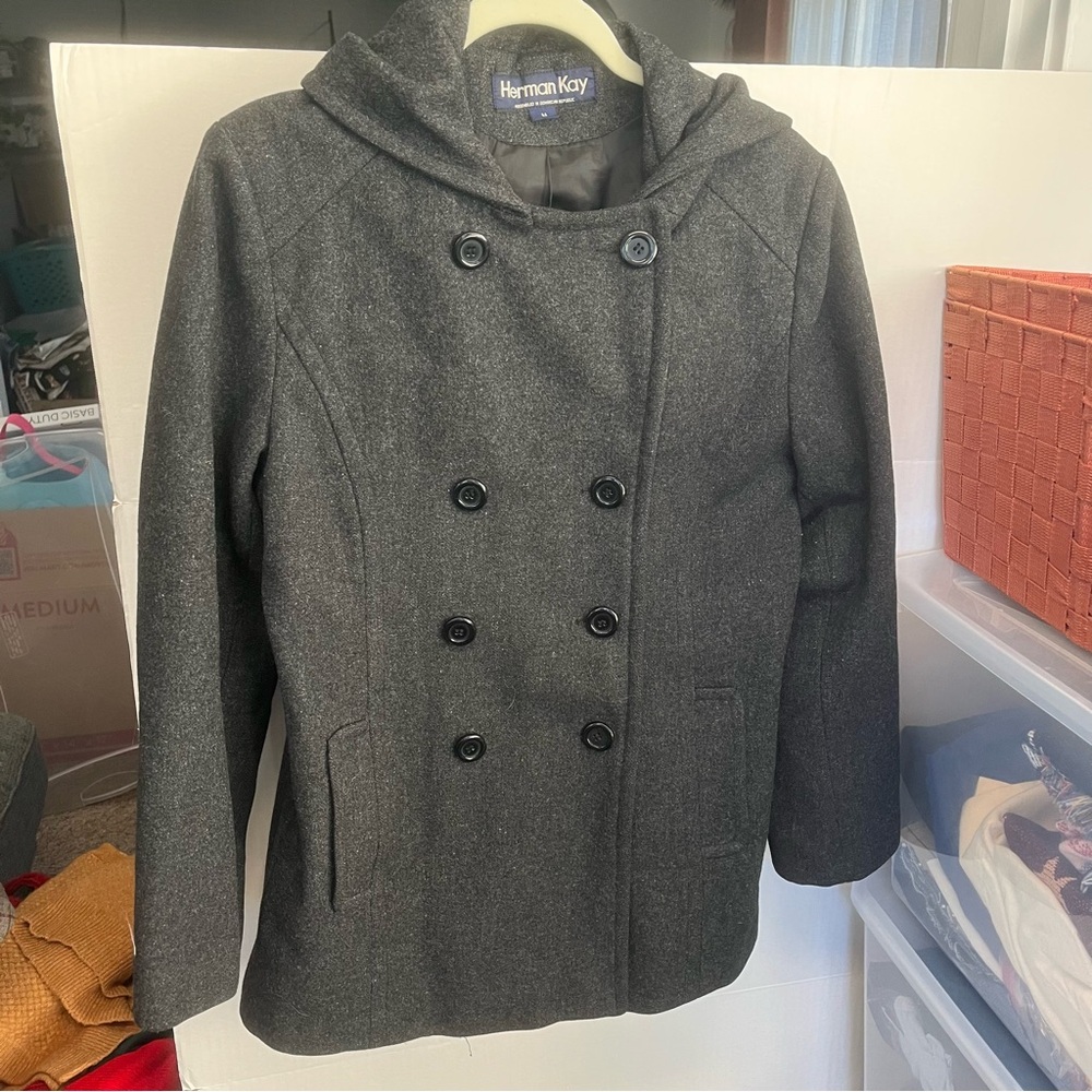 Herman Kay size medium, dark, gray wool, pea coat double breasted thigh length